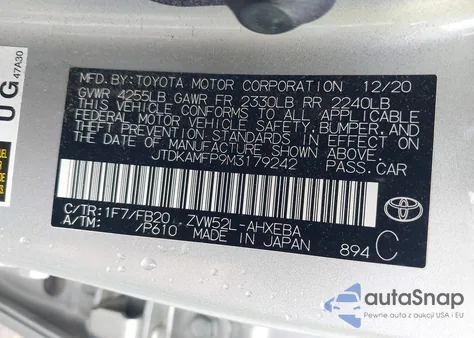 2021 Toyota Prius Prime Le from USA, damaged, VIN JTDKAMFP9M3179242